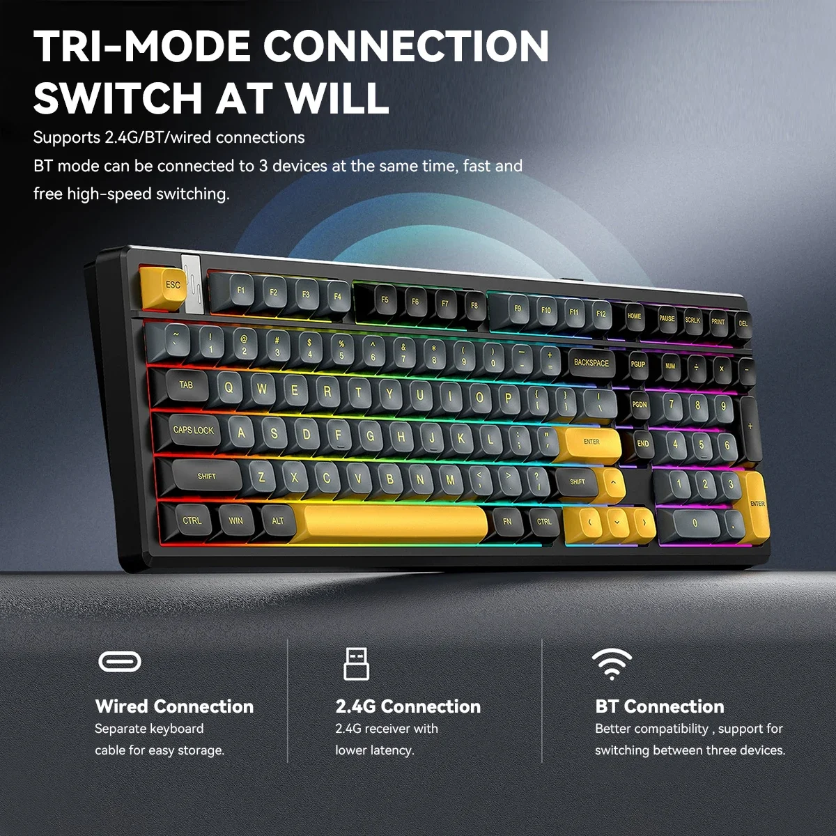 Gaming Keyboard Thocky - Draadloos mechanisch gamingtoetsenbord met sferische PBT-toetsenkappen,